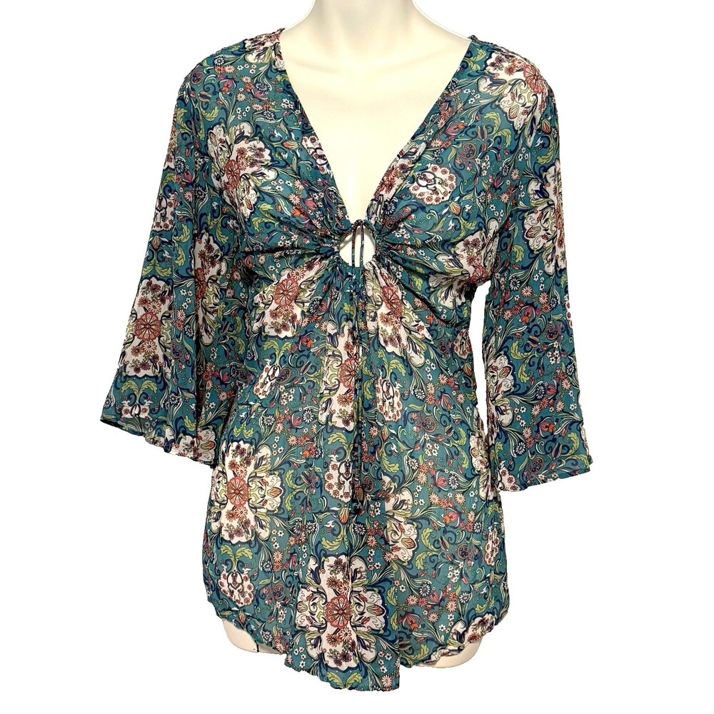 Y2K BISOU BISOU Babydoll Blouse Sz Small Blue Floral Semi-Sheer Boho Phoebe